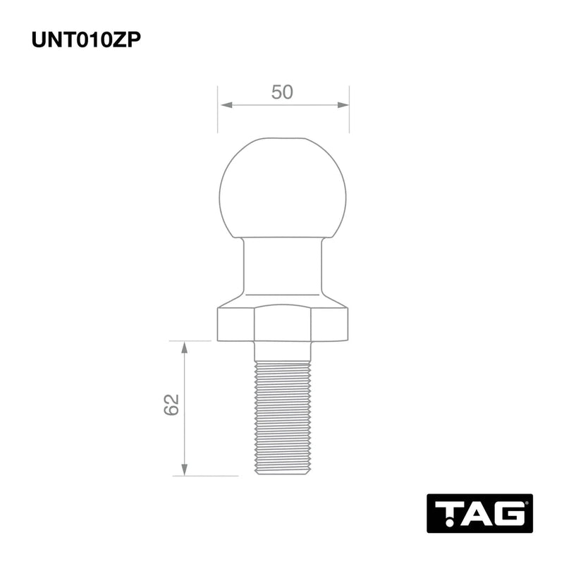 TAG Zinc Plated Tow Ball - 50mm, 3.5 tonne - Mick Tighe 4x4 & Outdoor-TAG Towbars-UNT010ZP--TAG Zinc Plated Tow Ball - 50mm, 3.5 tonne